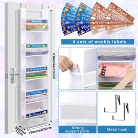 Yoojahow 2 Pack 5 Shelf Weekly Clothes Organizer for Kids Over The Door Hanging Storage Monday Through Friday Heavy Duty Clothes Organization for Bathroom Nursery Bathroom Kitchen(White)