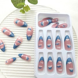 Cat Eye French Tip Press on Nails Almond Fake Nails with Clouds Designs Blue Medium Nails Press ons Summer False Nails Glossy Glue on Nails Acrylic Stick on Nails for Women 24 Pcs