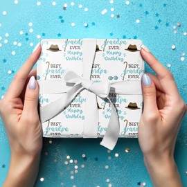 LeZakaa Grandpa's Birthday Wrapping Paper Roll, Best Grandpa Ever, Happy Birthday Hat & Walking Cane Design Gift Wrap for Grandfather's Birthday，for Older Men, Mini Roll, 17 inches x 16.4 Feet