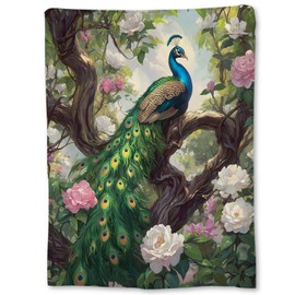 Ti Caldi Hand Drawn Peacock Blanket, Soft Lightweight Pretty Peacock Flannel Throw Blanket for Couch, Bed, Travel & Home Decor, Fuzzy Cozy Warm Blankets for Adults Kids Women Men 60×50 in