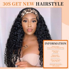 Yacurcur Curly Headband Wig Loose Water Wave Headband Wigs None Lace Wig Glueless for Women Synthetic 150% Density Natural Color 24 inch (1B）