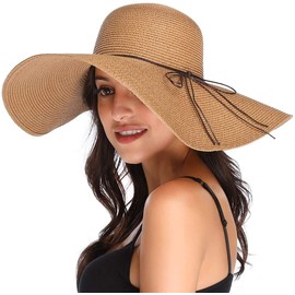 DRESHOW Womens Wide Brim Straw Hat Floppy Foldable Roll up Cap Beach Sun Hat UPF 50+