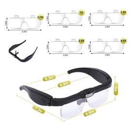 Professional Magnifying Glasses Headset with 5 Detachable Lenses 0.75X-4.0X & 3 LED Lights, Rechargeable Hands-Free Headband Magnifier for Close Work, Jewelry Crafts Hobby