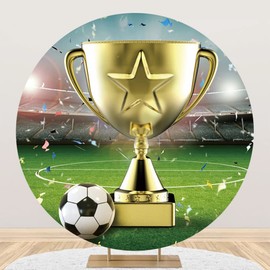 Laeacco 7.2x7.2ft Trophy Football Champion Round Backdrop Soccer Sports Stadium Championship Awards Circle Backdrop Grass Field Confetti Photo Backdrop for Boys Men Birthday Party Portrait Photo Prop