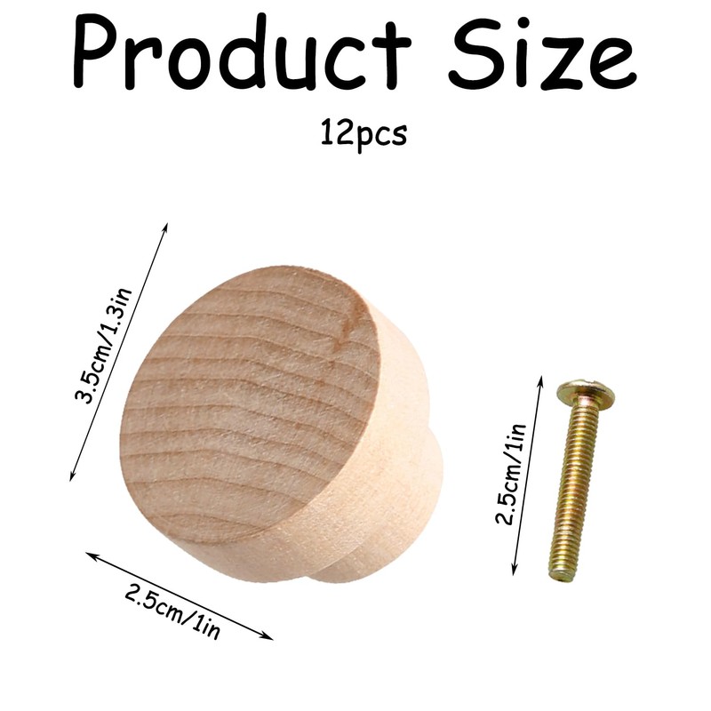 Rumyve 12PCS Door Knobs,Round Wood Drawer Handles with Screws,Natural Wooden