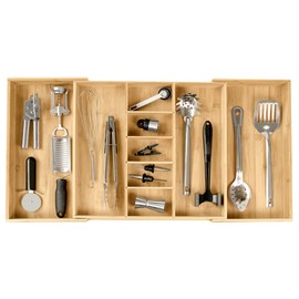 KitchenEdge Adjustable Kitchen Drawer Organizer for Utensils and Junk, Food-Safe Contract Grade with 100% Sustainable Wood, Expandable from 19 to 33 Inches Wide - Natural Bamboo