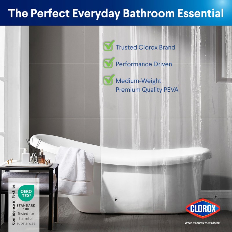 CLOROX Shower Curtain Liner, Premium Medium-Weight Durable Waterproof 6g PEVA