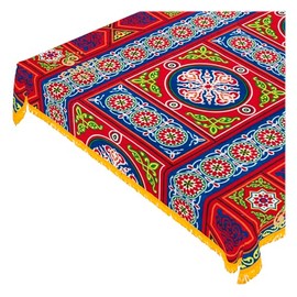 CraftiEgypt Ramadan Tablecloth Decorations – Handmade Tablecloth, Printed Egyptian Khayamiya Design, Colorful Red, Cotton Blend – 55"x55" (140x140 cm) Square
