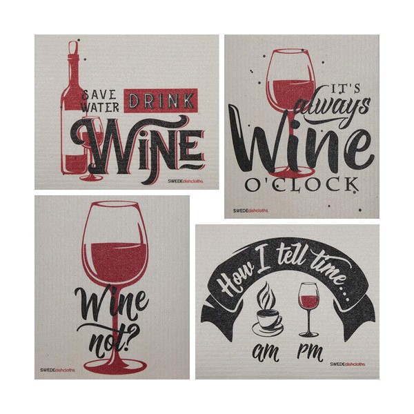 Wine Time Sayings Set of 4 Cloths (One of Each Design) Swedish Dishcloths | ECO Friendly Absorbent Cleaning Cloth | Reusable Cleaning Wipes