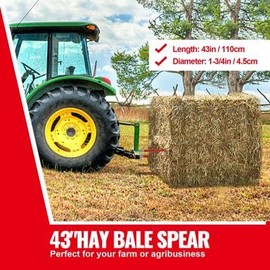 Happybuy 43" Hay Spear, 3000 lbs Capacity, Quick Attach Square Bale Forks, Red Coated Bale Spike, 1 3/4" Bale Spears, Hex Nut & Sleeve for Tractors & Loaders