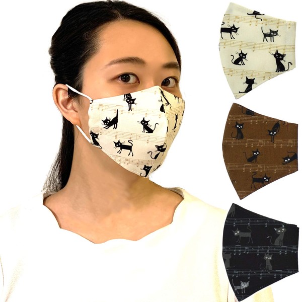 Angel's Closet, Cat Pattern, Music Note Pattern, Cloth Mask, Washable, Made in Japan, Washable, 3D Design, Easy to Breath Fashion, Cat and Sheet Music (L), Large Size, Men's, Children, Adults, Matching, Super Comfortable, Individually Packaged