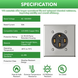 NEMA 14-50WR Heavy-Duty Weather-Resistant Outlet Kit with Stainless Steel Wall Plate-125/250V,50 Amp,3-Pole 4-Wire,Ideal for Electric Vehicle Charging,RVs,Welders,and Heavy-Duty Appliances,UL Listed
