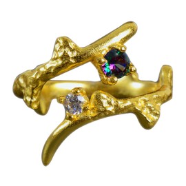 NicoWerk SRI794 Women's Silver Ring with Stone Made of 925 Sterling Silver Golden Uneben Asymmetrical Glatant Matt Zirconia Adjustable Open, Metal, Cubic Zirconia