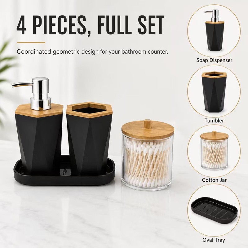 LGURT 4pc Hexagonal Black Bathroom Set, Soap Dispenser with Bamboo