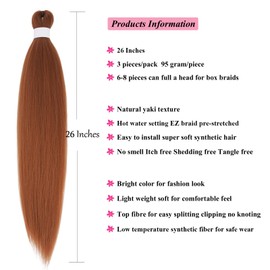 UPruyo Brown Pre Stretched Braiding Hair 26 inch Knotless Synthetic Long Braiding Hair Pre Stretched 52 Inch Unfolded Hypoallergenic Box Braids Crochet Hair Extensions 3 Packs