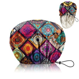 Cabreche Luxury Shower Cap Satin Silk Lined Adjustable Elastic Reusable Waterproof Shower Bath Cap Cute for Women Girls-Mandela