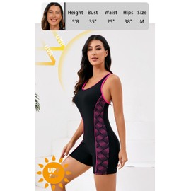 Halcurt Women's Athletic One Piece Swimsuit with Boyshort Racerback Sport Boyleg Bathing Suit Black Rose Pink Stripe M