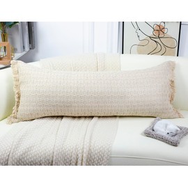 PANOD Decorative Boho Long Lumbar Throw Pillow Cover 14 x 36,Super Soft Cotton Beige Modern Long Rectangle Pillow Cover for Sofa Couch Bed Farmhouse Livingroom