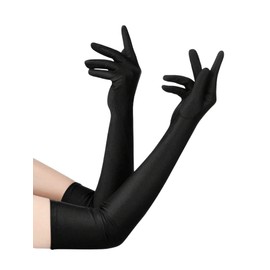 Amazleer Ladies Long Opera Gloves 1920s Satin Tea Party Gloves Costume Stretchy Adult Size Elbow Length Black Gloves, black