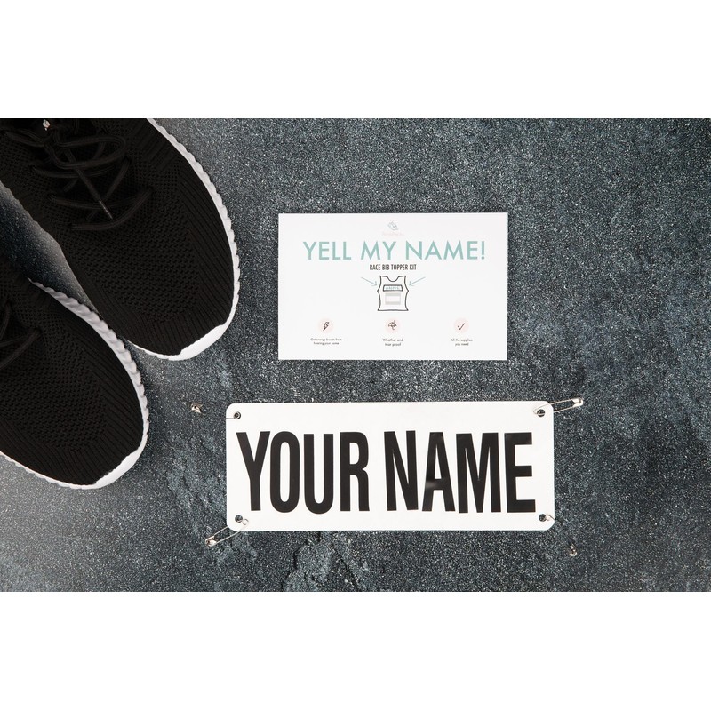 Pen & Paces Yell my name bib kits for runners,