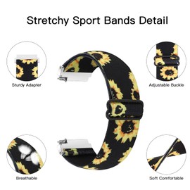 WONFAITH Adjustable Elastic Nylon Watch Bands - Choice of Color and Width - 18mm, 19mm, 20mm, 22mm, Quick Release Stretchy Breathable Straps for Men and Women (22MM, Black Sunflower)