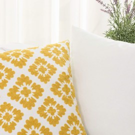 HWY 50 Mustard Yellow Decorative Throw Pillow Covers 18x18 Inch, Pack of 2 Embroidered Cotton Farmhouse Cushion Cover Pillow Case for Sofa Couch Living Room Bed Bedroon, Geometric Diamond Floral