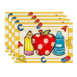 Artoid Mode Stripes Pencils Glue Back to School Placemats Set of 4, 12x18 Inch Teacher Appreciation Week Table Mats for Party Classroom Dining Decoration