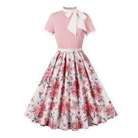 50s Style Dresses for Women Vintage Short Sleeve Tie Neck Swing Dress Midi Prom Dress with Belt Tea Party Evening Dress Audrey Hepburn Dress for Cocktail Work Party Homecoming Pink- Floral S