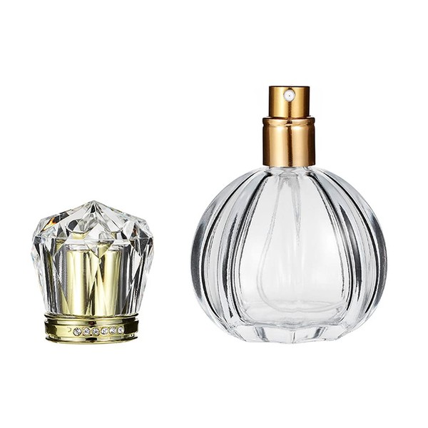 AKOAK 1 Pack 50 ml (1.76oz) Transparent Glass Perfume Bottle Set with Diamond Crystal Crown Transparent Refillable Spray Bottle Portable Pumpkin Shaped Perfume Empty Bottle