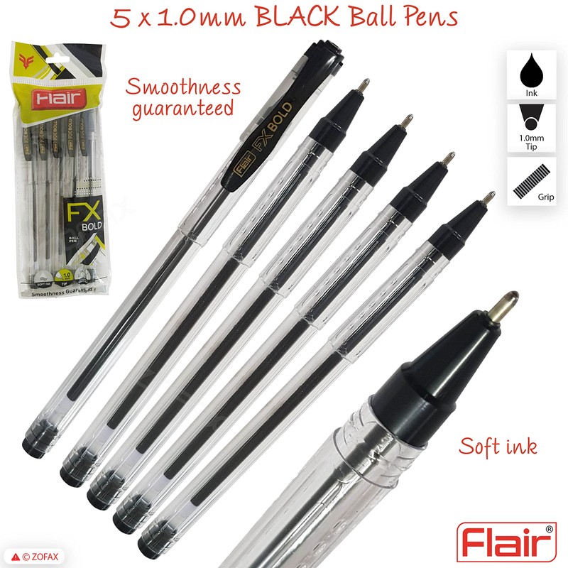 5 x 1.0mm FLAIR FX Dark BLACK Ballpoint Pens Smooth