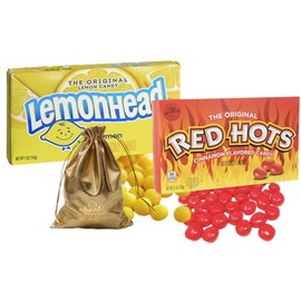 Lemonhead Hard Lemon Candy, 5 Oz Movie Theater Candy Box | Original Red Hots Cinnamon Candy Movie Theater Box Candy Gift Bundle | Great for Birthday party, Christmas Candy With BintiLuscious Pocket Candy Bag.