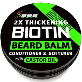 Bálsamo de biotina para barba y bigote 2 veces más espesante, acondicionador vegano sin enjuague, suavizante natural, hidratante con aceite de ricino, cuidado totalmente natural para el crecimiento