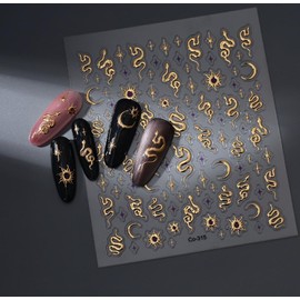 Star Nail Stickers for Nail Art Snake Moon Nail Art Stickers 5D Gold Embossed Nail Decals Self-Adhesive Nail Accessories for Women Girl Nail Decorations Design (Snake Star Nail Stickers)