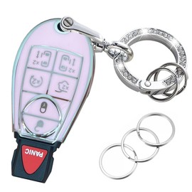 EJOAOJE Key Protective Shell for Dodge Key Fob Cover with Keychain Fit for Dodge RAM 1500 2500 3500 Grand Caravan Journey Durango Jeep Grand Cherokee Smart Key Accessories (Pink-Silver, 7-Button)