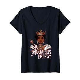 Womens Big Aquarius AF Vibes Queen Zodiac Energy Crown Afro Regal V-Neck T-Shirt