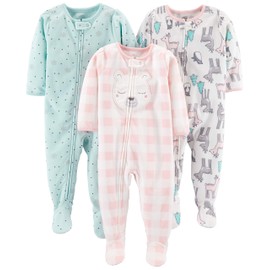 Simple Joys by Carter's Baby Girls' 3-Pack Loose Fit Flame Resistant Fleece Footed Pajamas, Off-White Deer/Pink Llama/Turquoise Green Snowflake, 18 Months