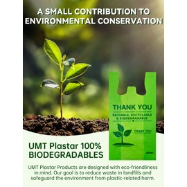 UMT Plastar 500 Count Recyclable Compostable Reusable 100% Biodegradable Plastic T-Shirt Bags | Green Eco Grocery Shopping | 11.5" x 6.25" x 21" | 16 Mic (0.63 Mil)