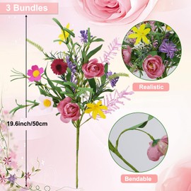 GTIDEA 3 Bundles Artificial Flowers for Decoration Faux Roses Bouquet with Daisies Fake Silk Floral Arrangement for Home Kitchen Table Vase Party Spring Wedding Decor (19.6in)