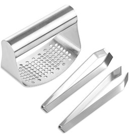 1Pc Stainless Steel Garlic Press Rocker with 2 Kinds of Tweezers,Stainless Steel Garlic Press Garlic Crusher and Peeler Rocking Garlic Press,Stainless Steel Garlic Press Rocker Garlic Mincer Crusher