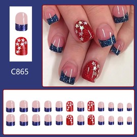 24Pcs Independence Day Press on Nails Short Square - 4th of July Fake Nails Blue French False Nails Glitter White Stars Design Nude Glue on Nails Full Cover Red Acrylic Nails for Women Manicure