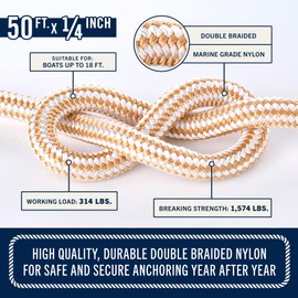RainierSupplyCo Boat Anchor Rope - Double Braided Marine Rope Anchor Line - 50 ft x 1/4 Inch Nylon Boating Line with 316 Stainless Steel and Heavy Duty Marine Grade Bow Shackle - White/Gold