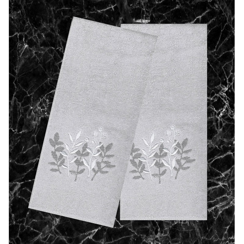 Bath Hand Towels, Set of 2 Grey Velour with Embroidered