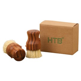 Teak Dish Scrub Brush 2PCS by HTB, Good Grip Small Wooden Dish Brush with Teak Handle & Sisal Bristles for Kitchen, Wood Cleaning Scrubbers Set for Washing Pan/Pot/Vegetable/Fruit