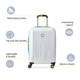 DELSEY PARIS Christine Expandable Luggage, fashionable and Unique, Glossy Exterior with 360 Spinner Wheels, Lockable Telescoping Handle, Men and Women, White with Teal Trim, Large Check-In 28-Inch