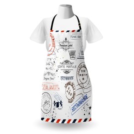 Ambesonne Vintage Apron, Retro Post Stamps Postage Mail Paris Antique Design Vocation Traveling, Unisex Kitchen Bib with Adjustable Neck for Cooking Gardening, Adult Size, Red Blue