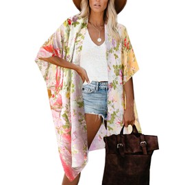 Breezy Lane - Cárdigan tipo kimono para mujer, para verano, con estampado floral, para día festivo, Rosa (Rose Garden), Talla única