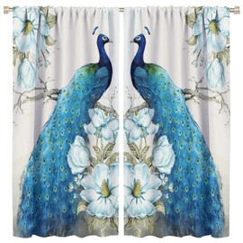 GoDazzling Blue Peacock Blackout Windows Curtains Vintage Elegant Wild Animal Bird Beautiful Teal Peacock Feather Flower Curtain for Kitchen Living Room Bedroom 42x45in 2 Panels