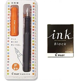 Pilot Kakuno Fountain Pen of Biginners Fine Nib Orenge Body (FKA-1SR-OF)+ Ink Cartridge 12 Pieces / 1 Set (IRF-12S-B)