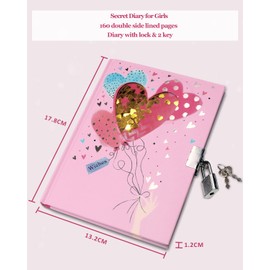 GINMLYDA Girls' Diary with Lock for Gifts, Heart Notebook with Shakeable Sequins, 17.8 x 13 cm, 160 Lined Pages, Diary for Writing from 6, 7, 8, 9, 10, 11, 12 Years, Children's Diary