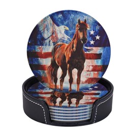 AKMCBSH Set of 6 American Flag Eagle Horse Coaster - Stylish and Durable Non-Slip Drink PU Leather Coasters for Home Office or Bar